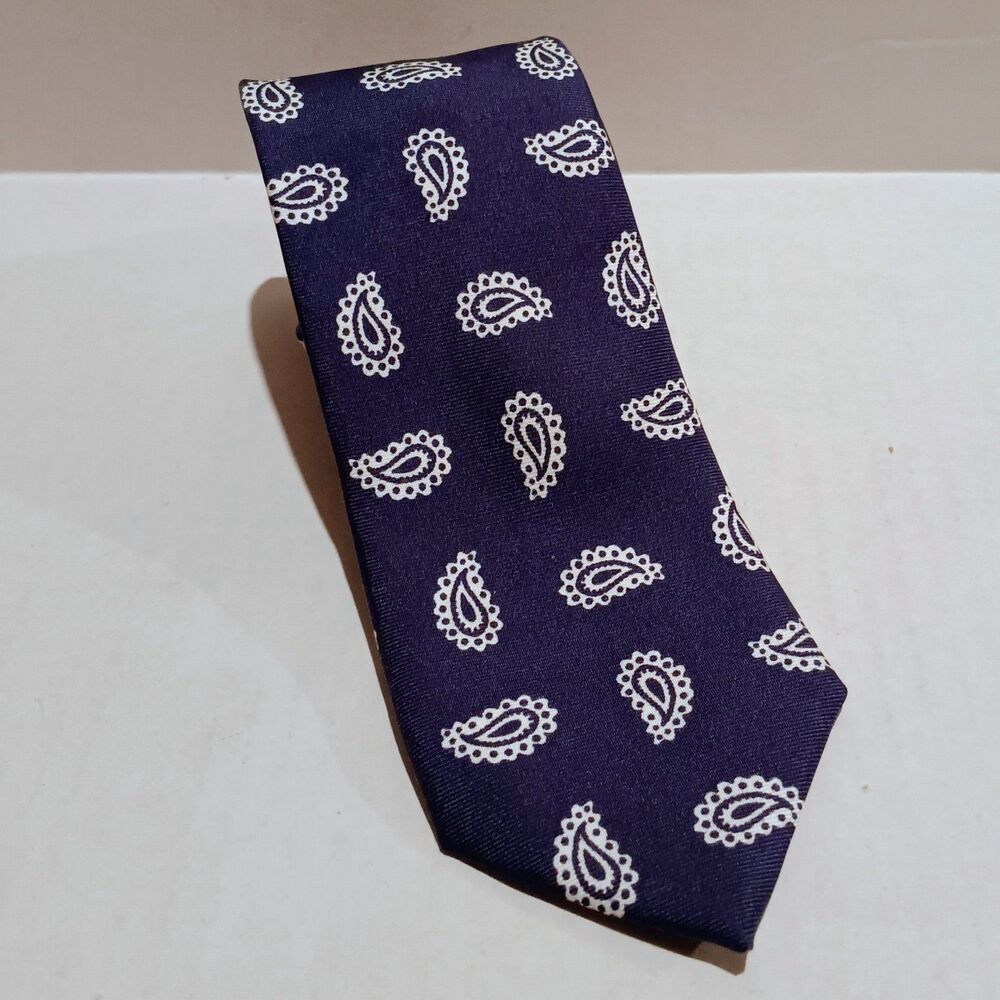 Charles Tyrwhitt Paisley Silk Neck Tie-Narrow-Navy-White-Made In England-Classic